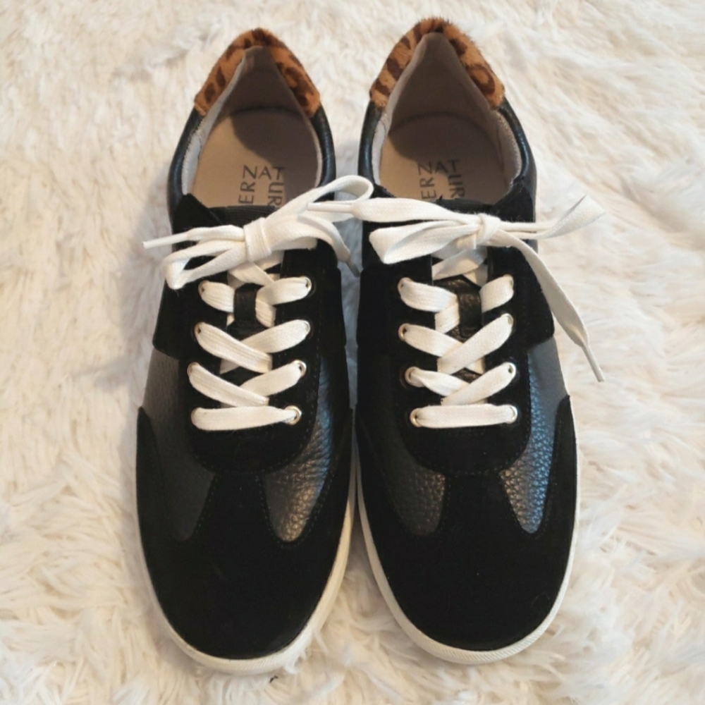 Naturalizer Black and White Sneakers Cheetah on heel. Worn